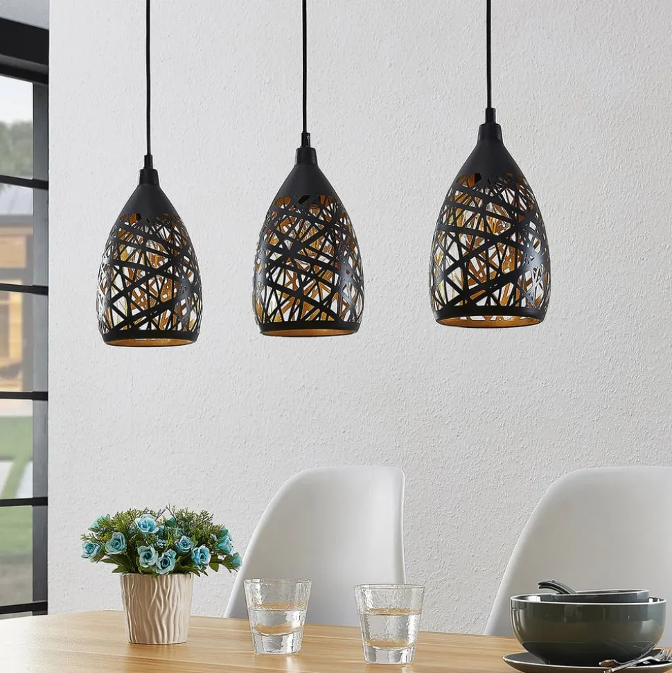 Lindby Marcello hanglamp, 75 cm, 3-lamps, zwart-goud