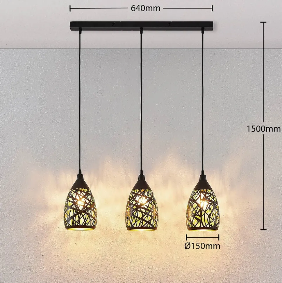 Lindby Marcello hanglamp, 75 cm, 3-lamps, zwart-goud