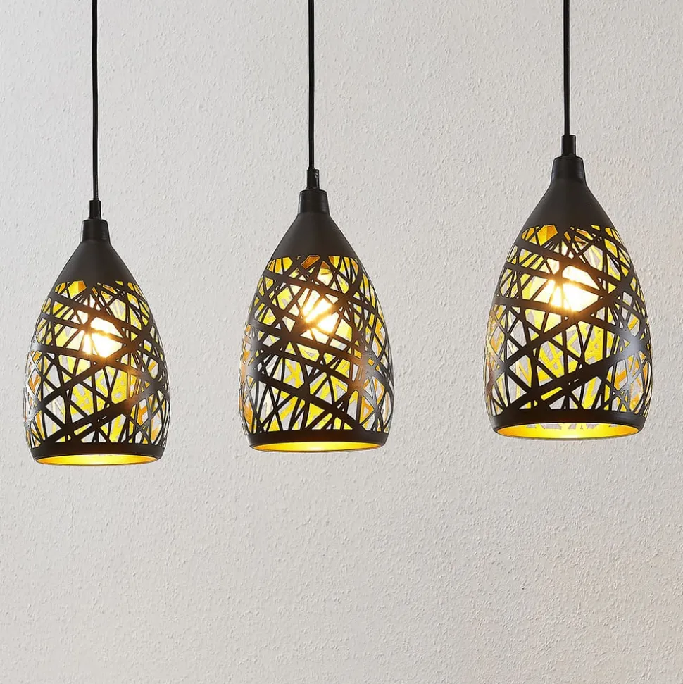 Lindby Marcello hanglamp, 75 cm, 3-lamps, zwart-goud