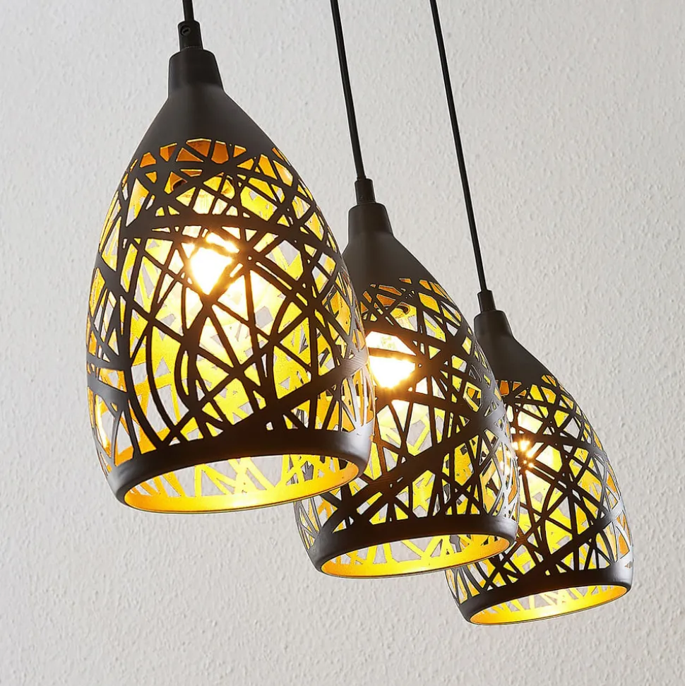 Lindby Marcello hanglamp, 75 cm, 3-lamps, zwart-goud