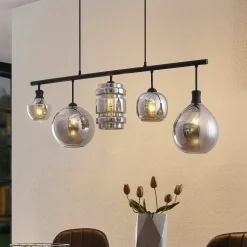 Lindby Mateno glazen hanglamp, 5-lamps, rookgrijs