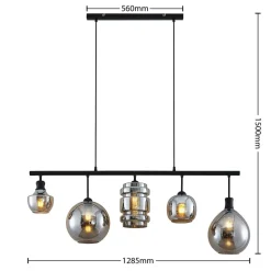 Lindby Mateno glazen hanglamp, 5-lamps, rookgrijs