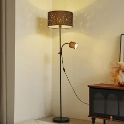 Lindby Melanie vloerlamp, grijs, stof, Ø 36 cm, 2-lamps.