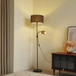 Lindby Melanie vloerlamp, grijs, stof, Ø 36 cm, 2-lamps.