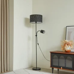 Lindby Melanie vloerlamp, grijs, stof, Ø 36 cm, 2-lamps.