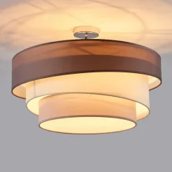 Lindby Melia plafondlamp, bruin/grijs, textiel, Ø 56cm