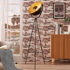 Lindby Meline vloerlamp, zwart/goud, metaal, driepoot