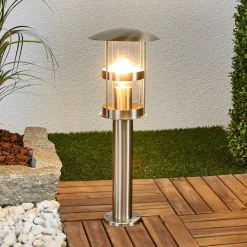 Lindby Noemi sokkellamp, grijs, roestvrij staal, 50 cm, IP44