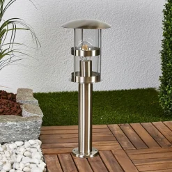 Lindby Noemi sokkellamp, grijs, roestvrij staal, 50 cm, IP44