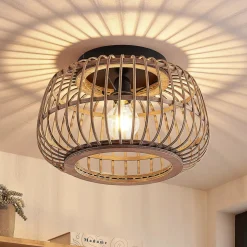 Lindby plafondlamp Bominio, Ø 40 cm, rotan, hout, E27
