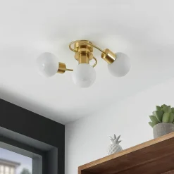 Lindby plafondlamp Ciala, 3-lamps, messingkleurig, glas