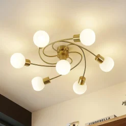 Lindby plafondlamp Ciala, 7-lamps, messingkleurig, glas