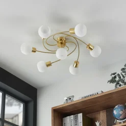 Lindby plafondlamp Ciala, 7-lamps, messingkleurig, glas