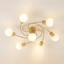 Lindby plafondlamp Ciala, 7-lamps, messingkleurig, glas