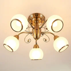 Lindby plafondlamp Corentin, 5-lamps, wit/messing, glas