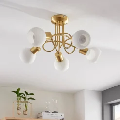 Lindby plafondlamp Elaina, Ø50cm, 5-lamps, messing, glas, E14