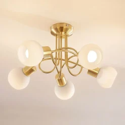 Lindby plafondlamp Elaina, Ø50cm, 5-lamps, messing, glas, E14