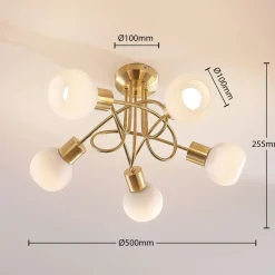 Lindby plafondlamp Elaina, Ø50cm, 5-lamps, messing, glas, E14