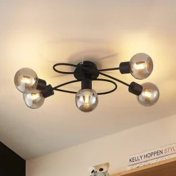 Lindby plafondlamp Elaina, 66 cm, 5-lamps, zwart/rook, E14