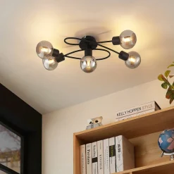 Lindby plafondlamp Elaina, 66 cm, 5-lamps, zwart/rook, E14