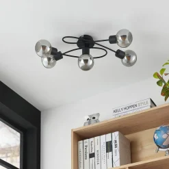 Lindby plafondlamp Elaina, 66 cm, 5-lamps, zwart/rook, E14