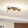 Lindby plafondlamp Enrique, amber, 3-lamps, glas, hout, E27