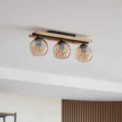 Lindby plafondlamp Enrique, amber, 3-lamps, glas, hout, E27