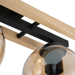 Lindby plafondlamp Enrique, amber, 3-lamps, glas, hout, E27