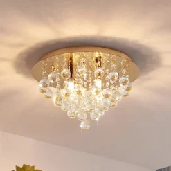 Lindby plafondlamp Gillion, 4-lamps, goud, kristal, Ø 35cm