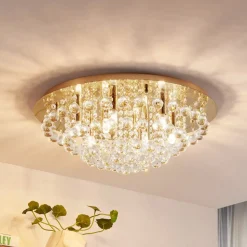 Lindby plafondlamp Gillion, 8-lamps, goud, kristal, Ø 55cm