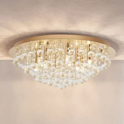 Lindby plafondlamp Gillion, 8-lamps, goud, kristal, Ø 55cm