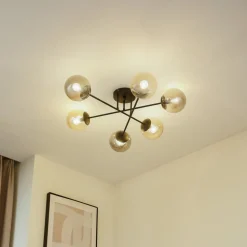 Lindby plafondlamp Isamer, rookgrijs/oranje, Ø 80 cm, globe