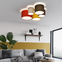 Lindby plafondlamp Laurenz, 5-lamps, 93cm, rood/geel, textiel