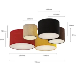 Lindby plafondlamp Laurenz, 5-lamps, 93cm, rood/geel, textiel