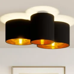 Lindby plafondlamp Laurenz, 3-lamps, zwart/goud, textiel