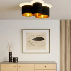 Lindby plafondlamp Laurenz, 3-lamps, zwart/goud, textiel