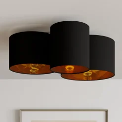 Lindby plafondlamp Laurenz, 3-lamps, zwart/goud, textiel