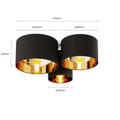 Lindby plafondlamp Laurenz, 3-lamps, zwart/goud, textiel