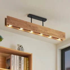 Lindby plafondlamp Malwin, GU10, 100 cm lang, 6-lamps, hout