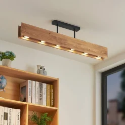 Lindby plafondlamp Malwin, GU10, 100 cm lang, 6-lamps, hout