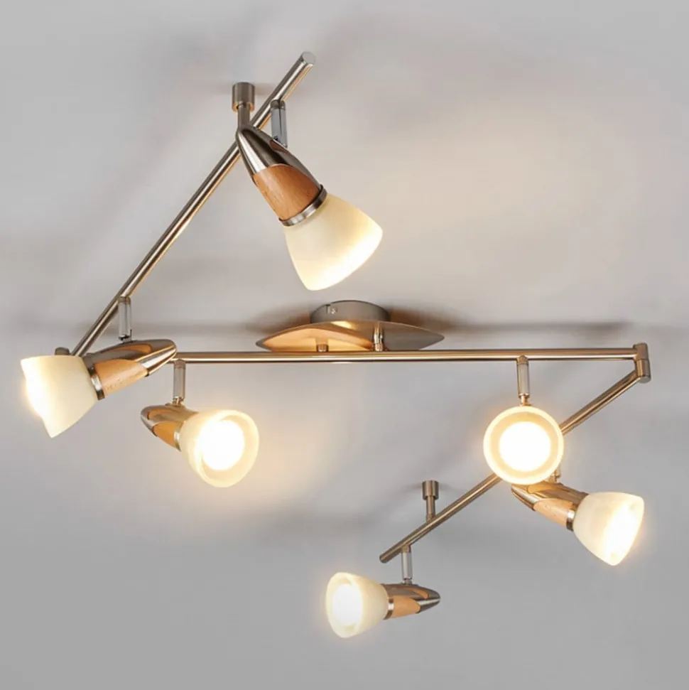 Lindby plafondlamp Marena, 6-lamps, glas, hout, 180 cm lang