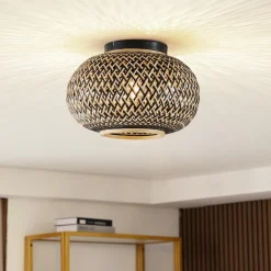 Lindby plafondlamp Nerys, zwart, bamboe, Ø 38 cm