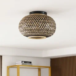 Lindby plafondlamp Nerys, zwart, bamboe, Ø 38 cm