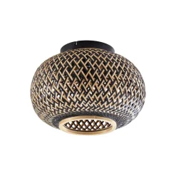 Lindby plafondlamp Nerys, zwart, bamboe, Ø 38 cm