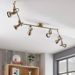 Lindby plafondlamp Perseas, 180 cm, 6-lamps, antiek messing, GU10