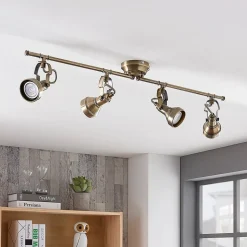 Lindby plafondlamp Perseas, 78 cm, 4-lamps, antiek messing, GU10