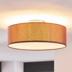 Lindby plafondlamp Sebatin, Ø 40 cm, lichtbruin, stof, E27