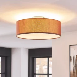 Lindby plafondlamp Sebatin, Ø 40 cm, lichtbruin, stof, E27