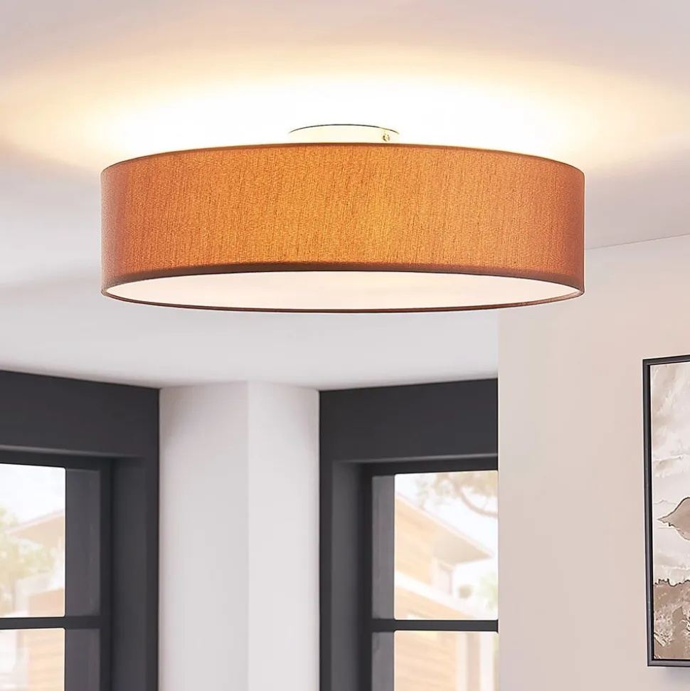 Lindby plafondlamp Sebatin, Ø 50 cm, lichtbruin, stof, E27