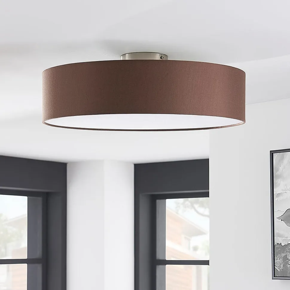 Lindby plafondlamp Sebatin, Ø 50 cm, lichtbruin, stof, E27